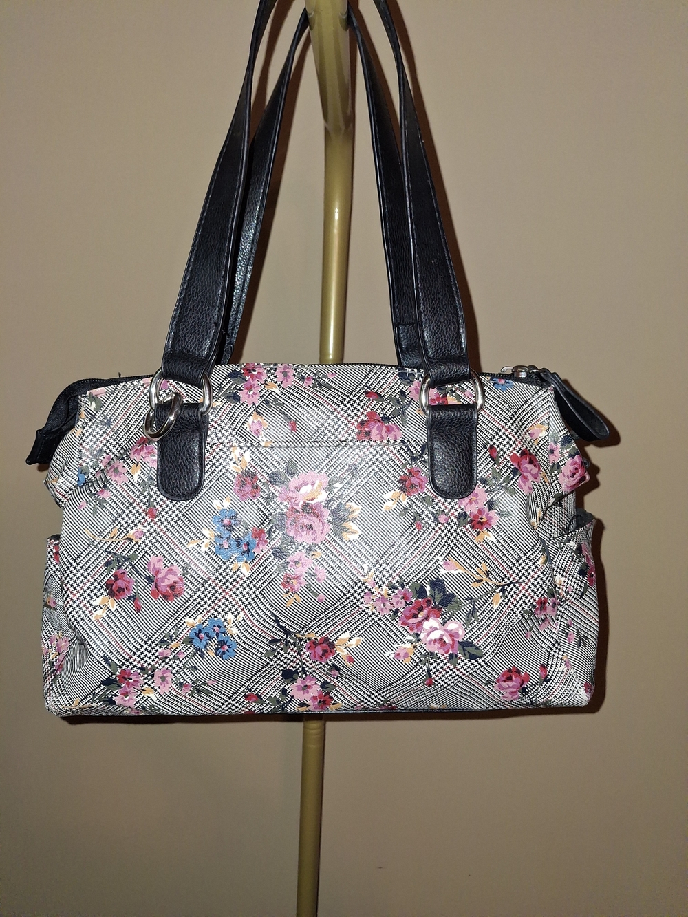 Women's Floral Satchel Handbag in Black and Pink